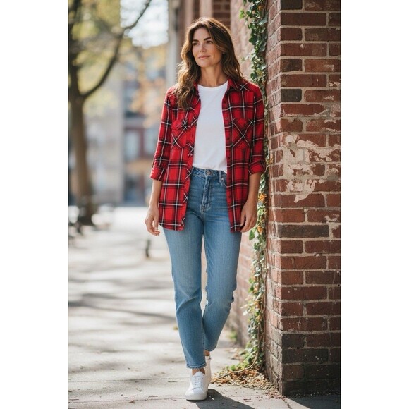 Sanctuary Shirt Women's Red Black Plaid Button Up / Snaps Boyfriend Shirt XL S - Picture 3 of 9